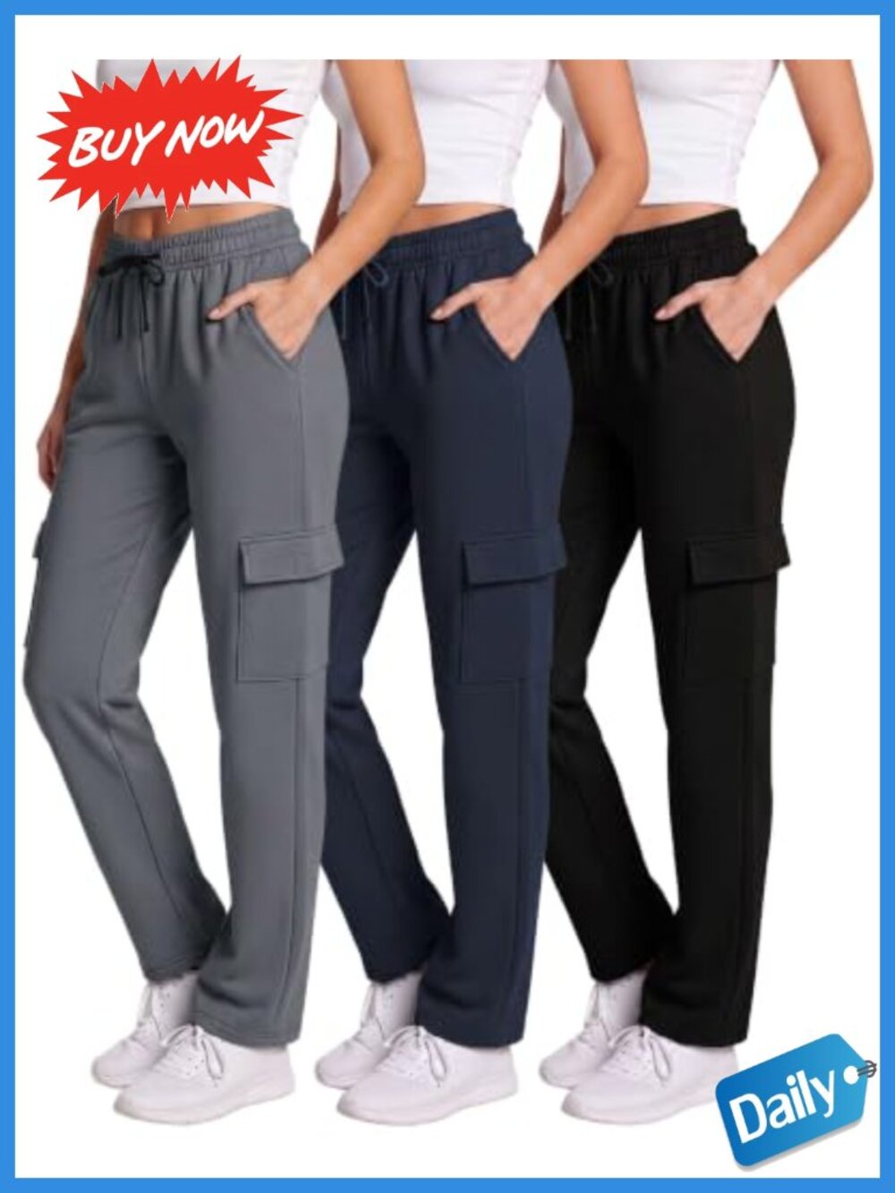 3 Pack Women's Fleece Cargo Sweatpants Lounge Casual Pants Pockets